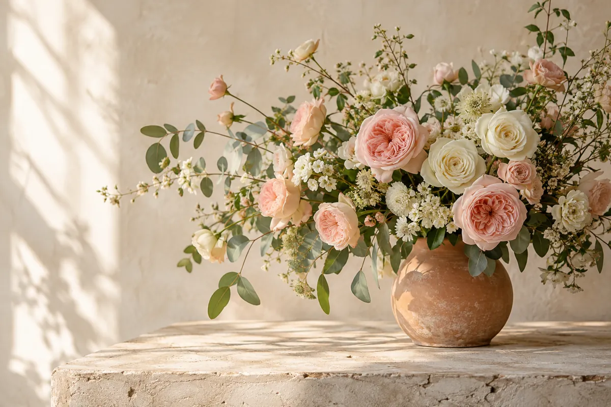 Blush and ivory garden roses with eucalyptus in a terracotta vase on a sunlit stone table