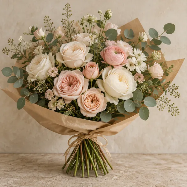 Blush and cream rose bouquet wrapped in natural kraft paper