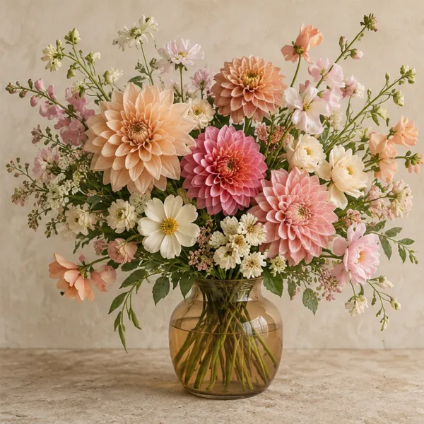 Pink and peach dahlia arrangement in an amber glass vase